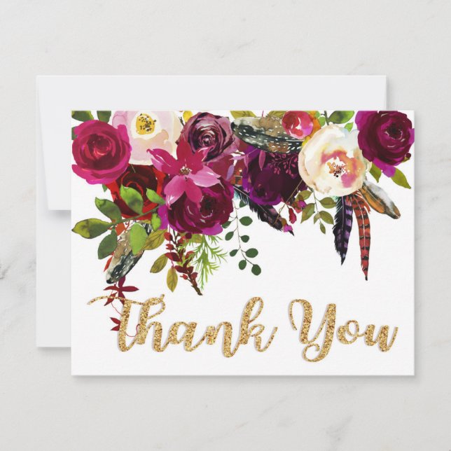 Boho Fall Floral Gold Modern Thank You Card (Front)