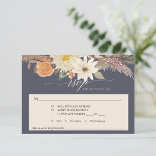 BOHO Fall Floral Navy Blue Pampas Grass Wedding RSVP Card