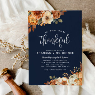 boho fall floral navy blue thanksgiving dinner invitation