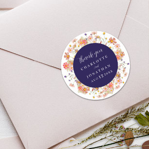 Boho Fall Floral Navy Blue Wedding Thank You Classic Round Sticker