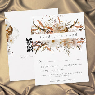 Boho Fall Floral Neutral Rustic Wedding QR Code RSVP Card