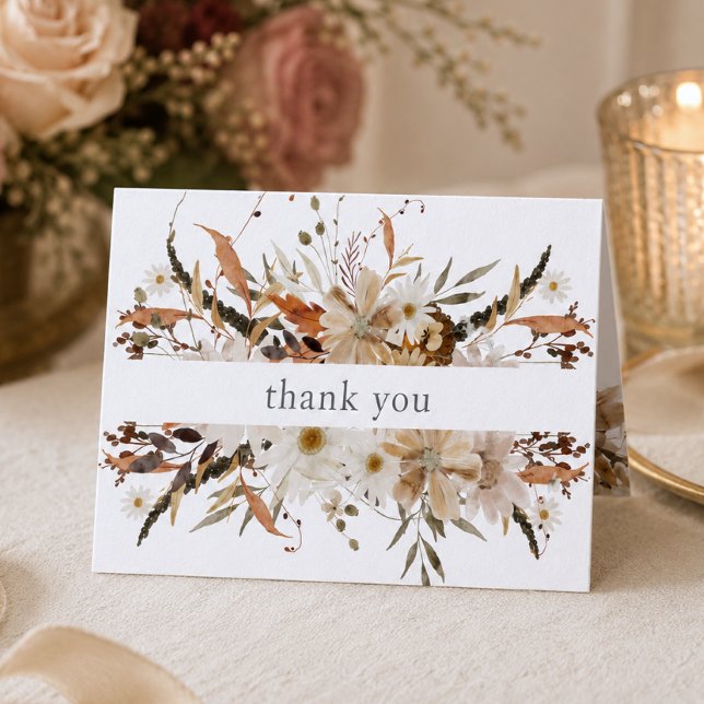 Boho Fall Floral Neutral Rustic Wedding Thank You Card (Creator Uploaded)