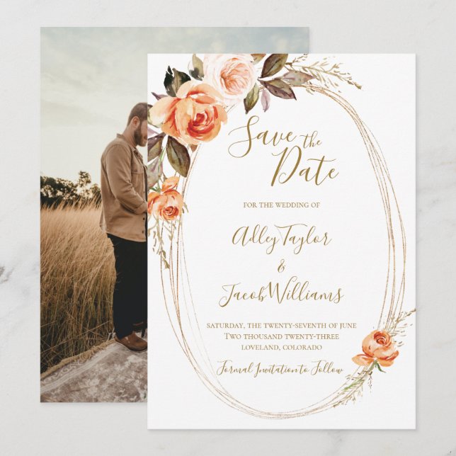 Boho Fall Floral Photo Wedding Save the Date (Front/Back)