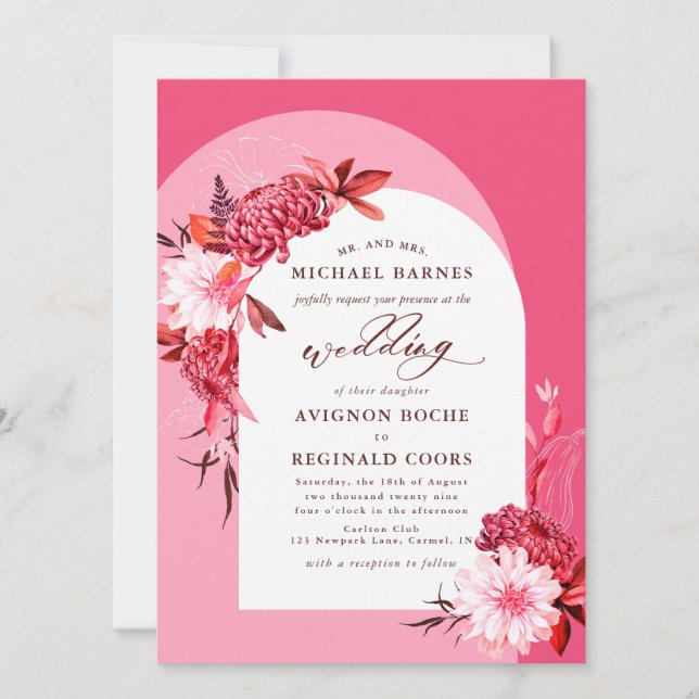 Boho Fall Floral Pink Arch Photo Wedding Invitation (Front)