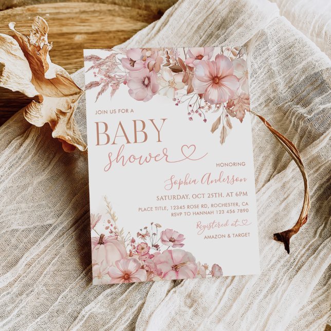 Boho Fall Floral Pumpkin Baby Shower  Invitation (Creator Uploaded)