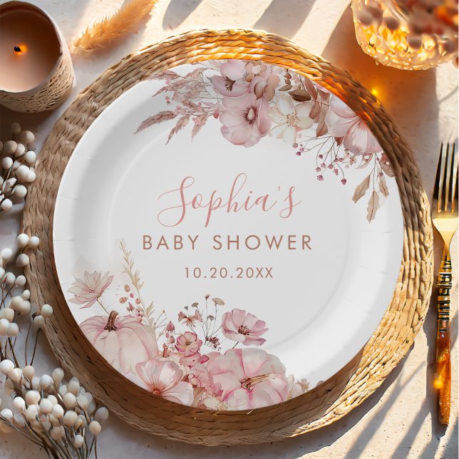 Boho Fall Floral Pumpkin Baby Shower  Paper Plate (Creator Uploaded)