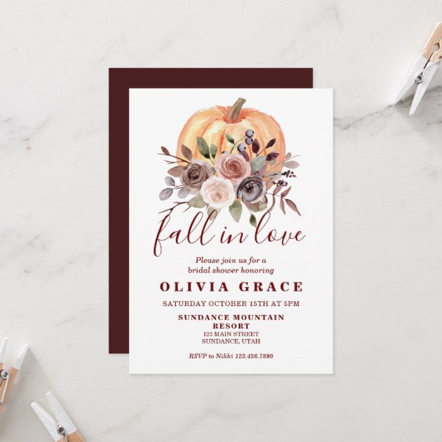 Boho fall floral Pumpkin Bridal Shower Invitation (Front/Back In Situ)