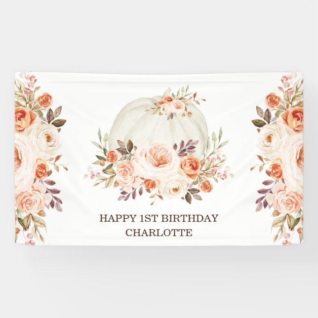 Boho Fall Floral Pumpkin Happy Birthday Party Banner (Horizontal)