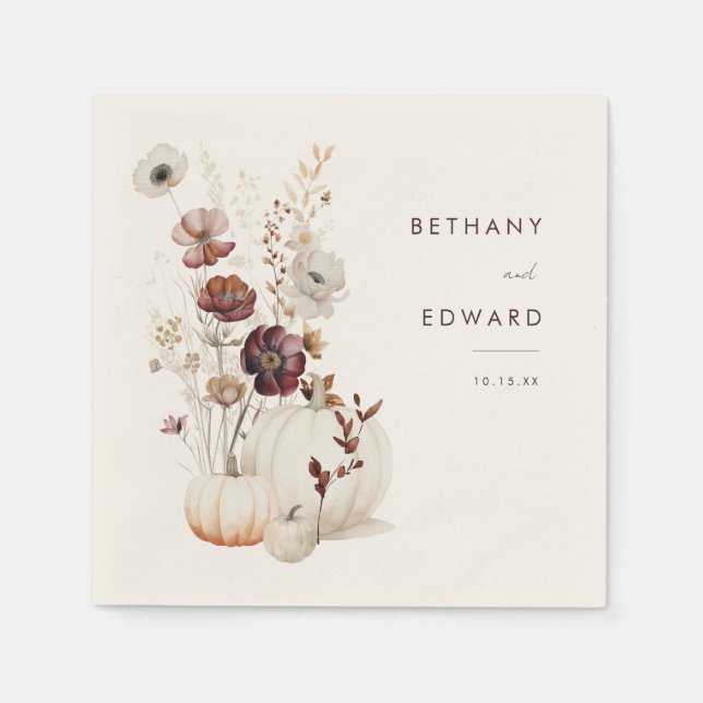 Boho Fall Floral Pumpkin Wedding Napkin (Front)