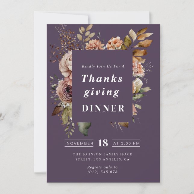 Boho fall floral purple Thanksgiving dinner Invitation (Front)
