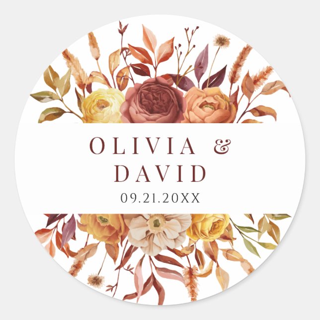 Boho Fall Floral Rustic Flowers Foliage Wedding Classic Round Sticker (Front)