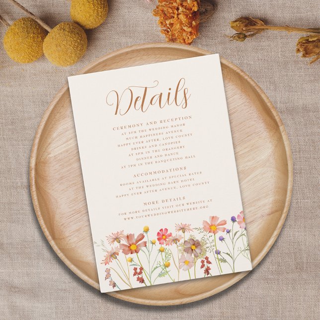 Boho Fall Floral Terracotta Wedding details  Enclosure Card (Wildflower meadow Wedding details card terracotta burnt orange beige cream fall watercolor florals )