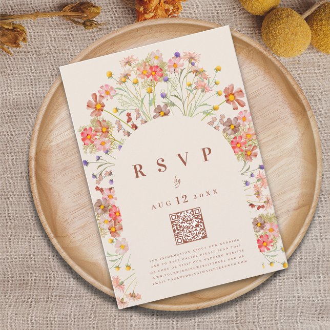 Boho Fall Floral Terracotta Wedding Meal Options RSVP Card (Boho fall rustic wildflower elegant floral arch terracotta beige wedding rsvp card with qr code)