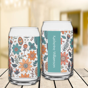 Boho Fall Floral Thanksgiving Gifts Custom Name Can Glass