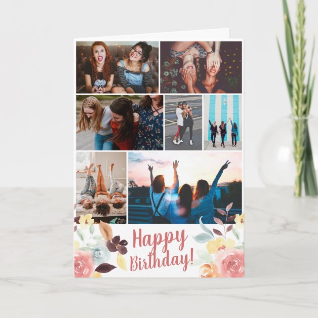 Boho fall floral watercolor birthday 7 photo grid card (Front)