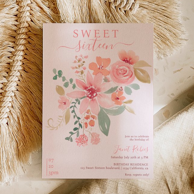 Boho fall floral watercolor chic Sweet 16 Invitation (Creator Uploaded)