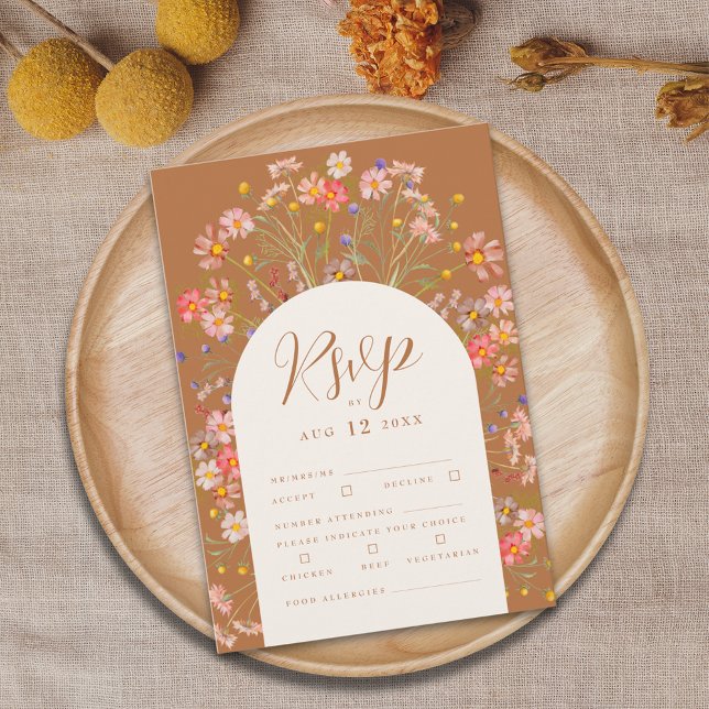 Boho Fall Floral Wedding Reply Meal Options RSVP Card (Boho rustic floral arch wedding RSVP card meal choices and  food allergies Beige cream terracotta )