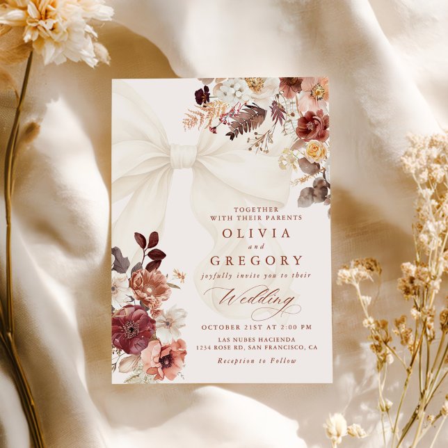 Boho Fall Floral White Bow Wedding Invitation (Creator Uploaded)