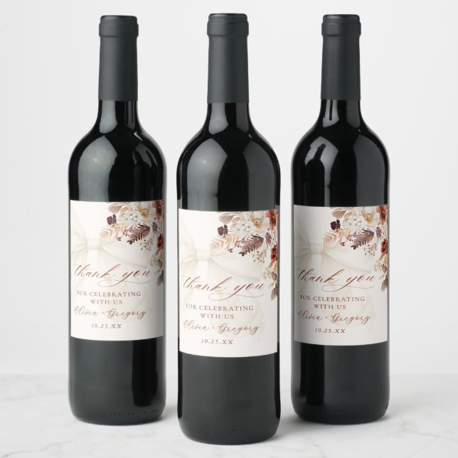Boho Fall Floral White Bow Wedding Wine Label (Bottles)