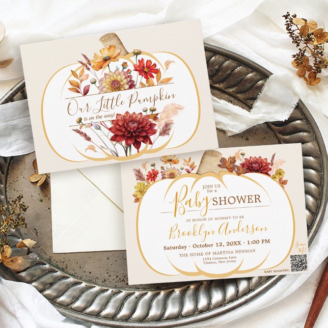 Boho Fall Floral White Pumpkin Baby Shower Save The Date (Cute Autumn Our Little Pumpkin boho floral wildflowers Fall white pumpkin baby shower invitation )