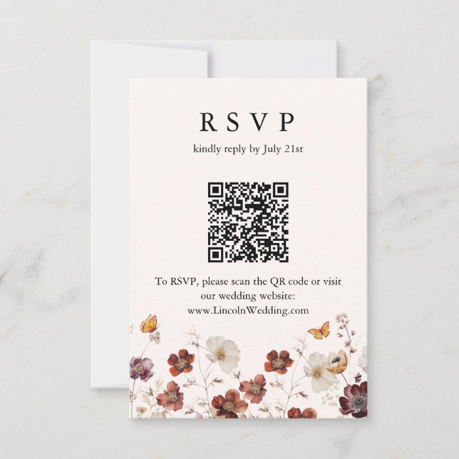 Boho Fall Florals Butterfly Wedding QR Code RSVP Card (Front)