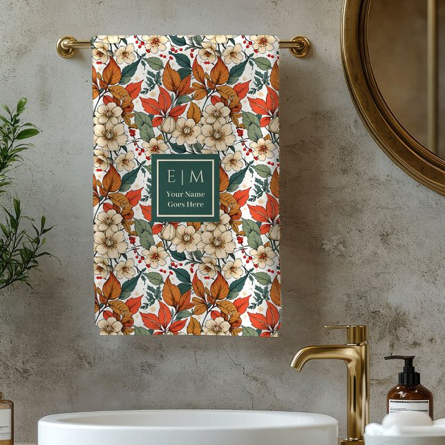 Boho Fall Florals Sage Terracotta Name Bath Towels (Boho Fall Florals Sage Terracotta Name Bath Towel)