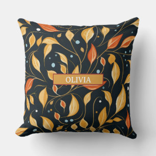 Boho Fall Flowers Black Orange with Name Cushion