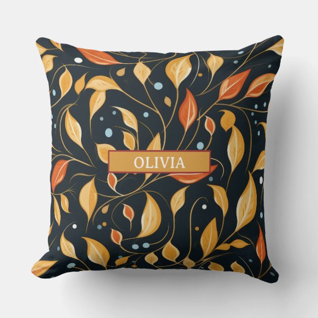 Boho Fall Flowers Black Orange with Name Cushion (Front)