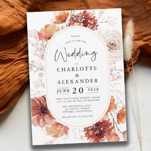 Boho Fall Foliage Wedding Terracotta Rust Flowers Invitation