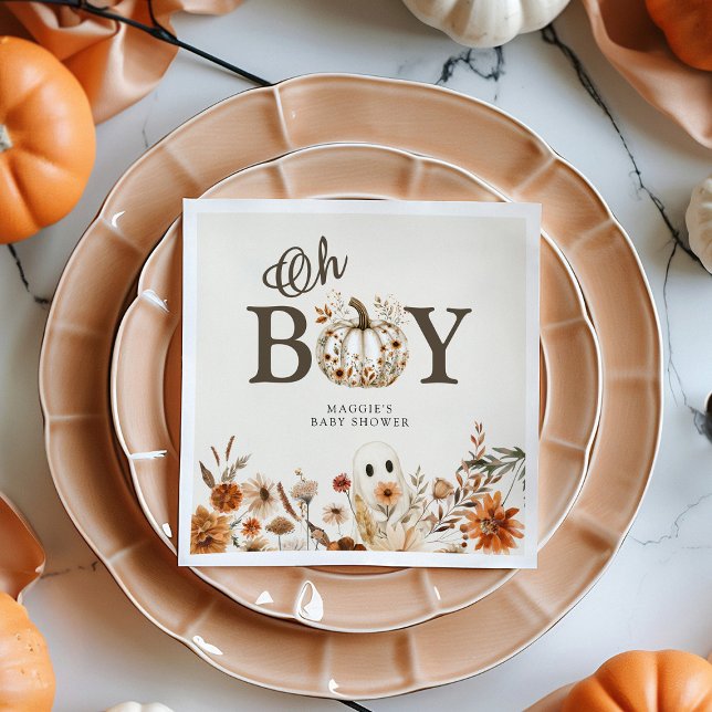 Boho Fall Ghost Floral Oh Boy Baby Shower  Napkin (Creator Uploaded)