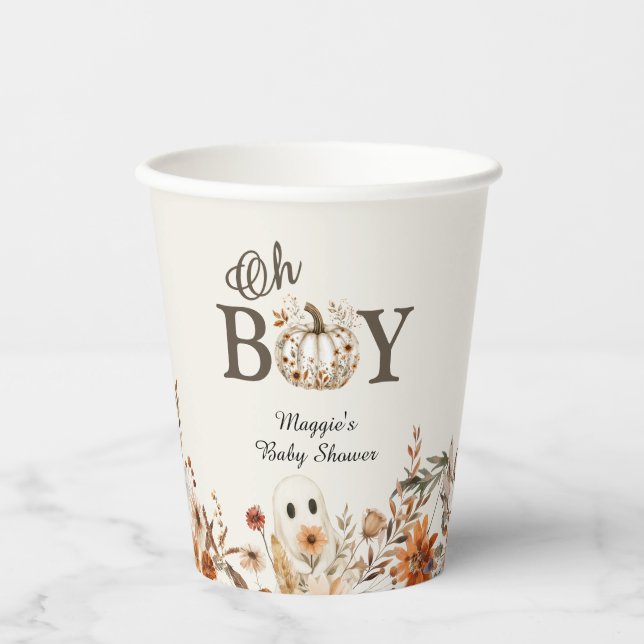 Boho Fall Ghost Floral Oh Boy Baby Shower  Paper Cups (Front)