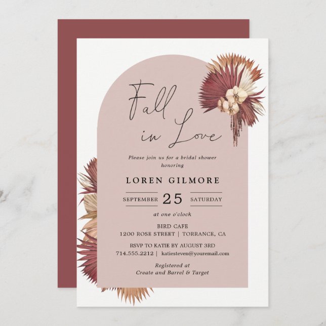 Boho Fall In Love Dried Leaves Bridal Shower Invitation (Front/Back)