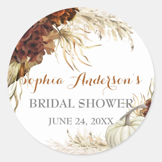 Boho Fall In Love Flora Burnt Orange Bridal Shower Classic Round Sticker (Front)