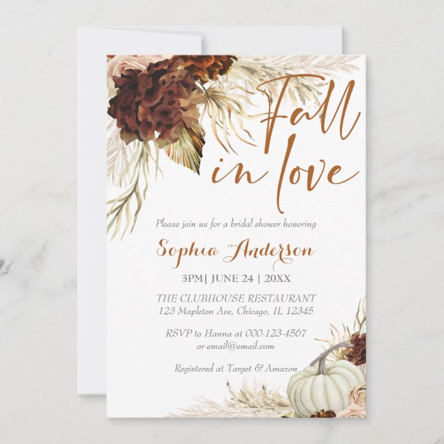 Boho Fall In Love Flora Burnt Orange Bridal Shower Invitation (Front)