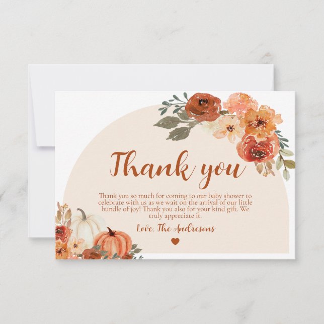 Boho Fall Little Pumpkin Autumn Floral Baby Shower Thank You Card (Front)