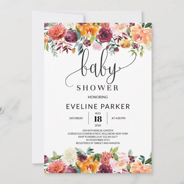 Boho Fall orange marigold baby shower invitation (Front)