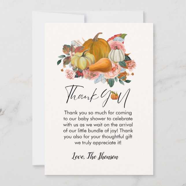 Boho Fall pumpkin baby shower  thank you card (Front)