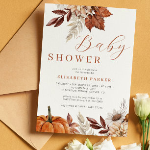 Boho fall pumpkin floral baby shower invitation
