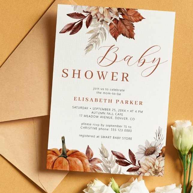 Boho fall pumpkin floral baby shower invitation (Creator Uploaded)
