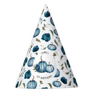 Boho Fall Pumpkin Floral Blue Birthday Party Hat