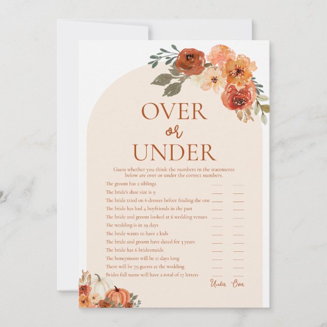 Boho Fall Pumpkin Over or Under Bridal Shower Game Invitation (Front)