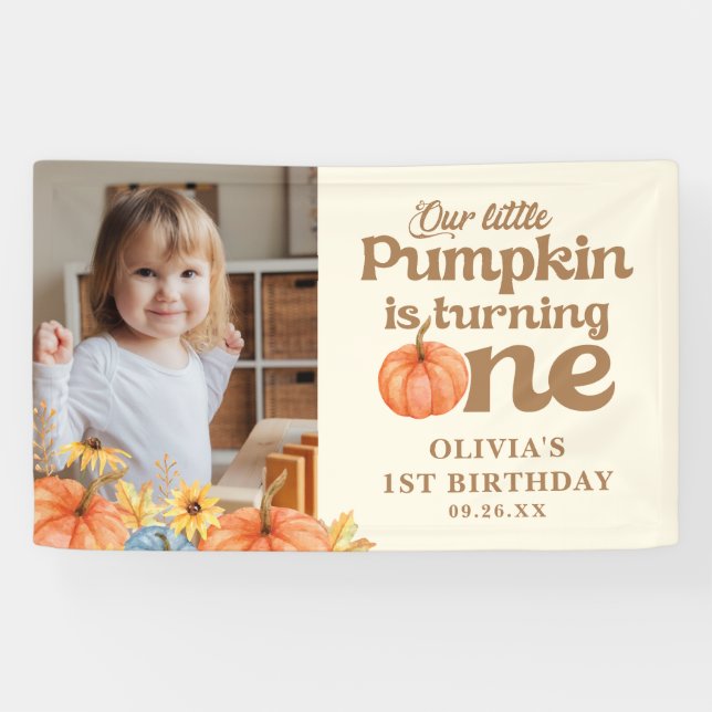 Boho Fall Pumpkin Photo 1st Birthday Banner (Horizontal)