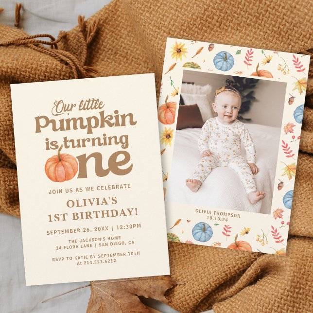 Boho Fall Pumpkin Photo 1st Birthday Invitation (Creator Uploaded)