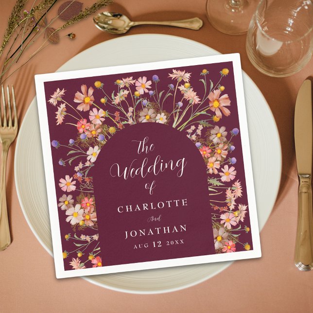 Boho Fall Rustic Floral Arch Burgundy Wedding Napkin (Boho fall rustic wildflower floral arch burgundy wedding custom paper napkins Elegant script )
