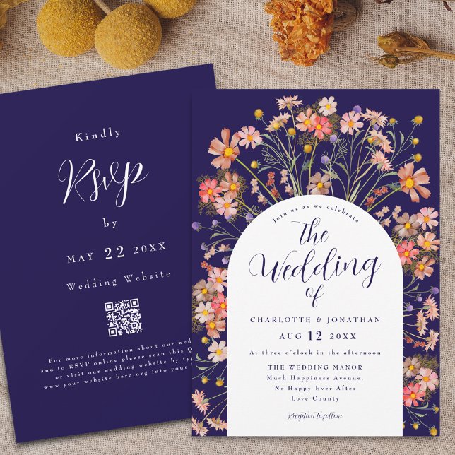 Boho Fall Rustic Floral Arch Navy Blue Wedding Invitation (Boho rustic wildflower floral arch fall navy blue and white wedding invitation with qr code RSVP)