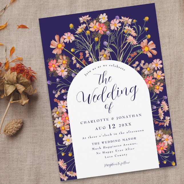 Boho Fall Rustic Floral Arch Navy Blue Wedding Invitation (Boho fall rustic wildflower floral arch navy blue and white wedding invitation with elegant script)