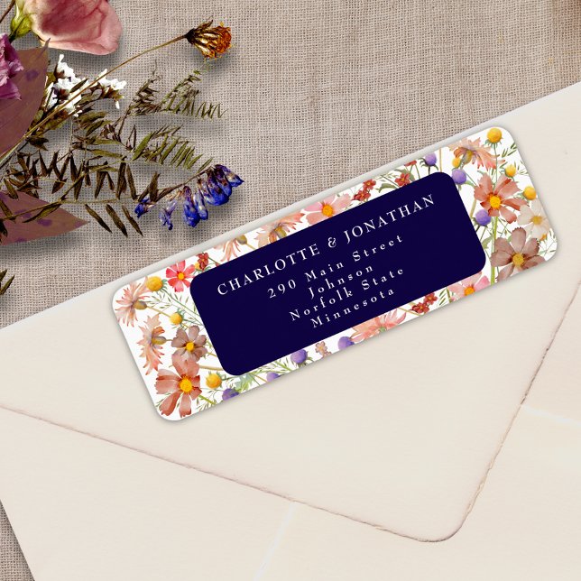 Boho Fall Rustic Floral Navy Blue White Wedding (Boho fall rustic wildflower floral navy blue and burnt orange wedding return address label sticker)
