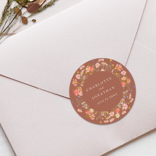 Boho Fall Rustic Floral Personalised Wedding Classic Round Sticker
