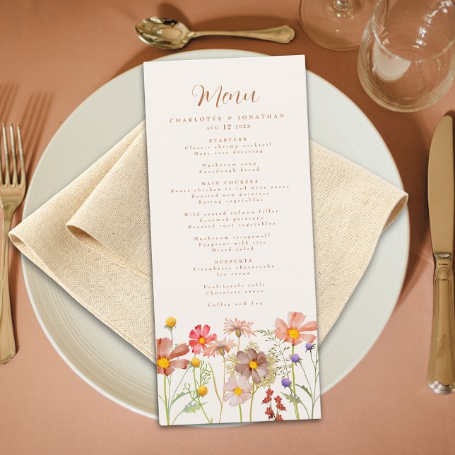Boho Fall Rustic Floral Wedding Menu (Boho floral rustic fall wedding menu burnt orange script watercolor wildflowers beige cream ivory)