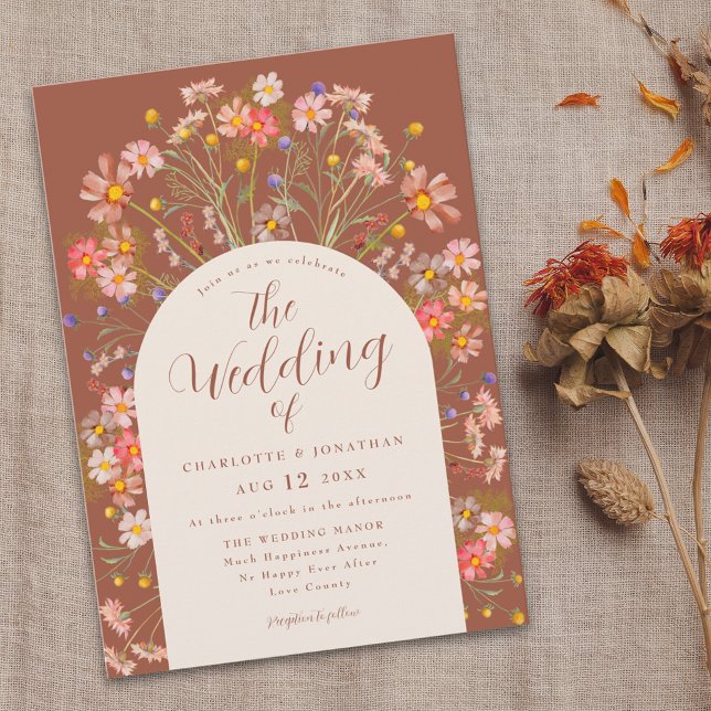 Boho Fall Rustic Wildflower Floral Arch Invitation (Boho fall rustic wildflowers floral arch terracotta burnt orange and beige wedding invitation )